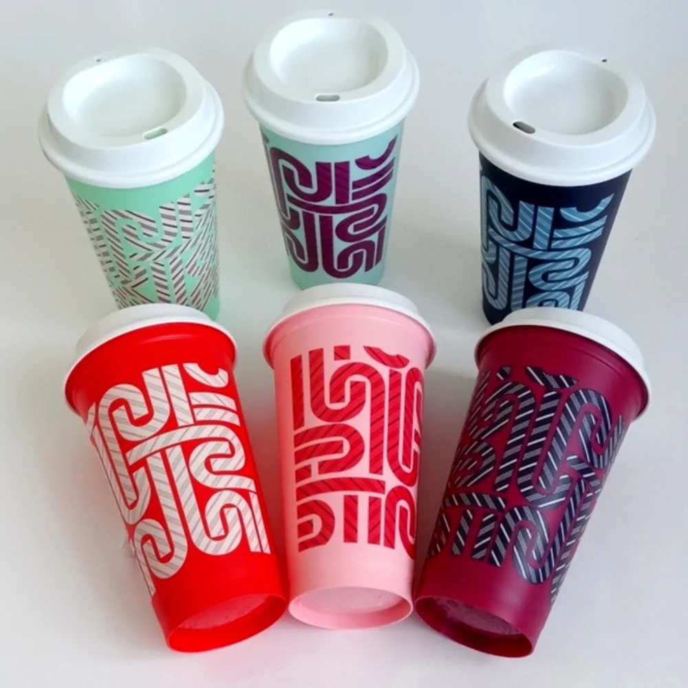 Starbucks Set of 6 Color Changing Reusable 16oz Hot Travel Cups With 6 Lids